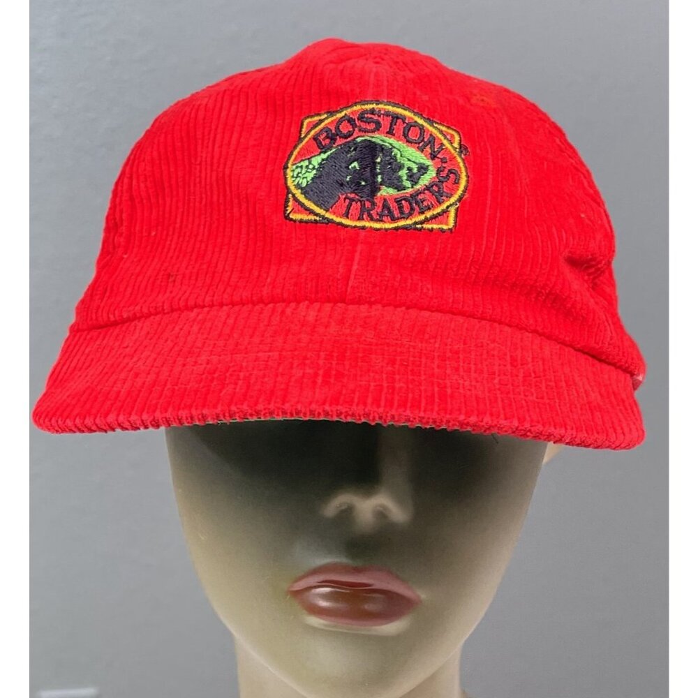 VTG 80s BOSTON TRADERS Adult Snap-Back Red Corduroy Embroidered BASEBALL CAP EUC